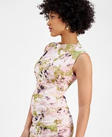 Bar Iii Women's Floral Mesh Ruched Sleeveless Dress, Exclusively at Macy's