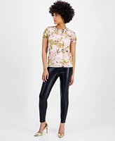 Bar Iii Women's Floral Mesh Crewneck Short-Sleeve Top, Exclusively at Macy's