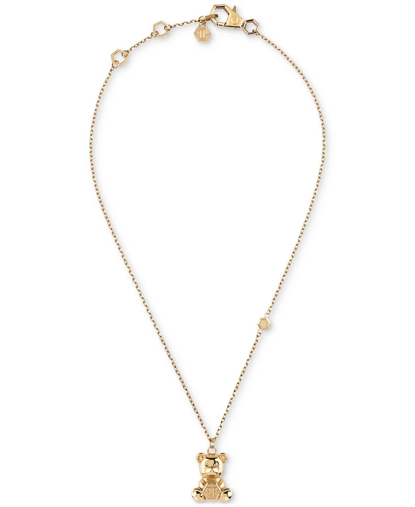 Philipp Plein Valentine Teddy Bear Charm 17-3/4" Pendant Necklace in Gold Ion-Plated Stainless Steel