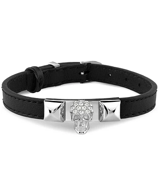 Philipp Plein Men's Enigma Skull Pendant Black Leather Bracelet in Stainless Steel