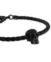 Philipp Plein Men's Elite Skull Black Leather Bracelet in Black Ion-Plated Stainless Steel