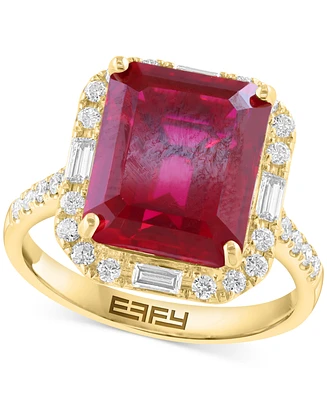 Effy Emerald-Cut Lab Grown Ruby (6-7/8 ct. t.w.) & Lab Grown Diamond (5/8 ct. t.w.) Halo Ring in 14k Yellow Gold