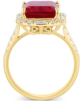 Effy Emerald-Cut Lab Grown Ruby (6-7/8 ct. t.w.) & Lab Grown Diamond (5/8 ct. t.w.) Halo Ring in 14k Yellow Gold