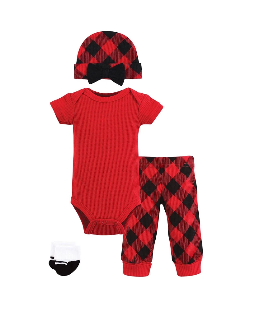 Hudson Baby Baby Girls Thermal Preemie Layette Set 4pc Short Sleeve Outfit Buffalo Plaid, Preemie