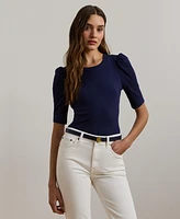 Lauren Ralph Women's Cotton-Blend Rib-Knit Puff-Sleeve Tee