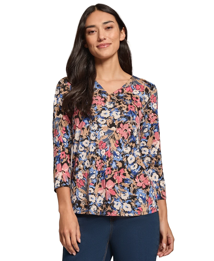 Jones New York Petite Floral V-Neck 3/4-Sleeve Top