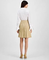 Anne Klein Womens Ruffle Bow Cuff Shirt Pleated Knee Length Skirt