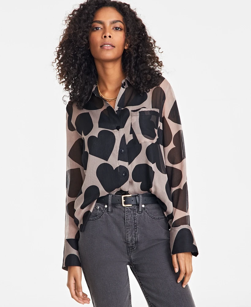 On 34th Women's Textured Chest-Pocket Heart-Print Blouse, Exclusively at Macy's