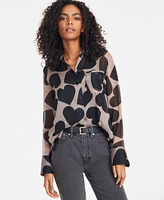 On 34th Women's Textured Chest-Pocket Heart-Print Blouse, Exclusively at Macy's