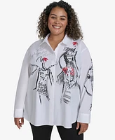 Karl Lagerfeld Paris Plus Sketch Girl Embellished Printed Cotton Button-Front Shirt, Exclusively at Macy's