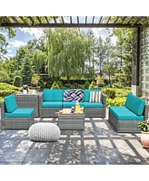 Sugift 8 Piece Wicker Sofa Rattan Dinning Set Patio Furniture with Storage Table
