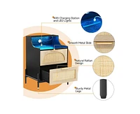 gaomon Rattan Nightstand, Nightstand with Charging Station with and Led Lights, Bedside Table with Usb Ports and Outlets, Rattan Drawer, Black Nightst