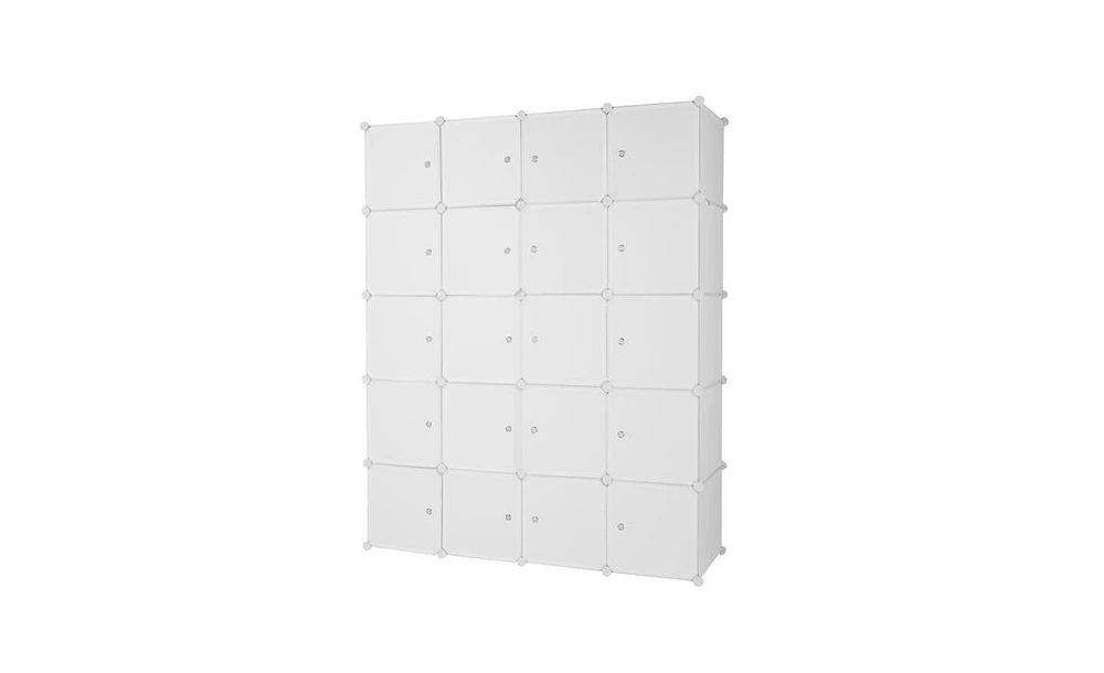 Slickblue 20-Cube Stackable Plastic Organizer Shelves, Multifunctional Modular Closet Cabinet with Hanging Rod in White