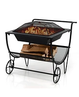 Givimo Outdoor Wood Burning Fire Pit with Log Storage Rack and Wheels