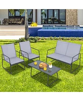 Sugift 4 Pieces of Metal Patio Furniture Chat Set with Tempered Glass Coffee Table