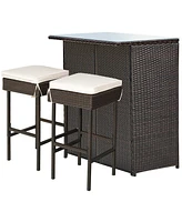 Sugift 3-piece Rattan Wicker Bar Table Stools Dining Set Cushioned Chairs