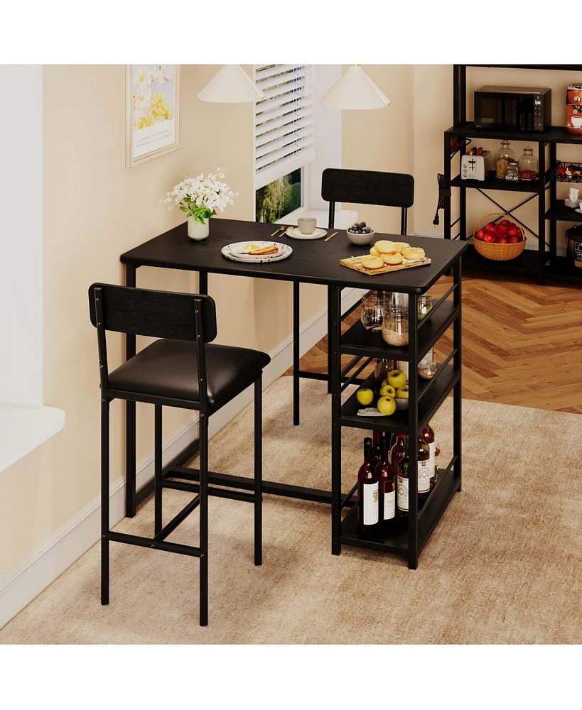 gaomon Dining Table Set for 2, Bar Table and Chairs for 2, Kitchen Table Set with 2 Upholstered Chairs,3 Large Storage Shelves,Black