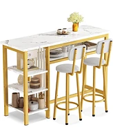 gaomon Bar Table and Stools for 2 with 3 Storage Shelves, Modern White Faux Marble Table with 2 Pu Cushion Bar Stools