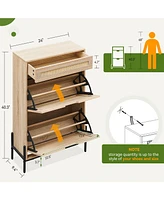 gaomon Natural Rattan Shoe Cabinet, 2 Flip Door Shoe Rack with a Drawer, Modern Freestanding Shoe Organizer