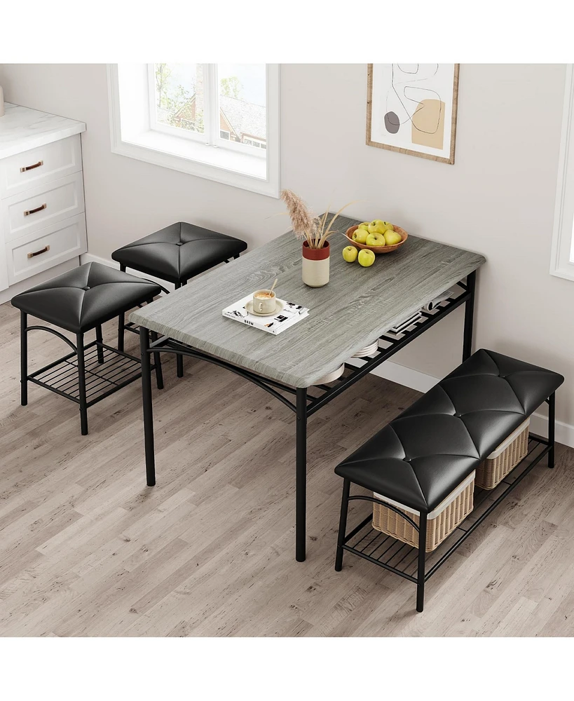gaomon Kitchen Table with Bench, Dining Room Table Set for 4 with Upholstered Bench and Square Stools, Table Set with Storage -Grey