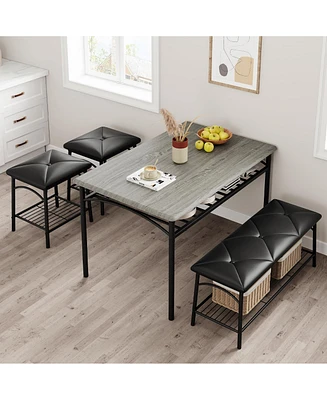 gaomon Kitchen Table with Bench, Dining Room Table Set for 4 with Upholstered Bench and Square Stools, Table Set with Storage -Grey