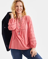 Style & Co Women's Eyelet Embroidered Blouson-Sleeve Blouse, Exclusively at Macy's