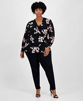 Anne Klein Plus Floral-Print Smocked-Cuff Wrap Top