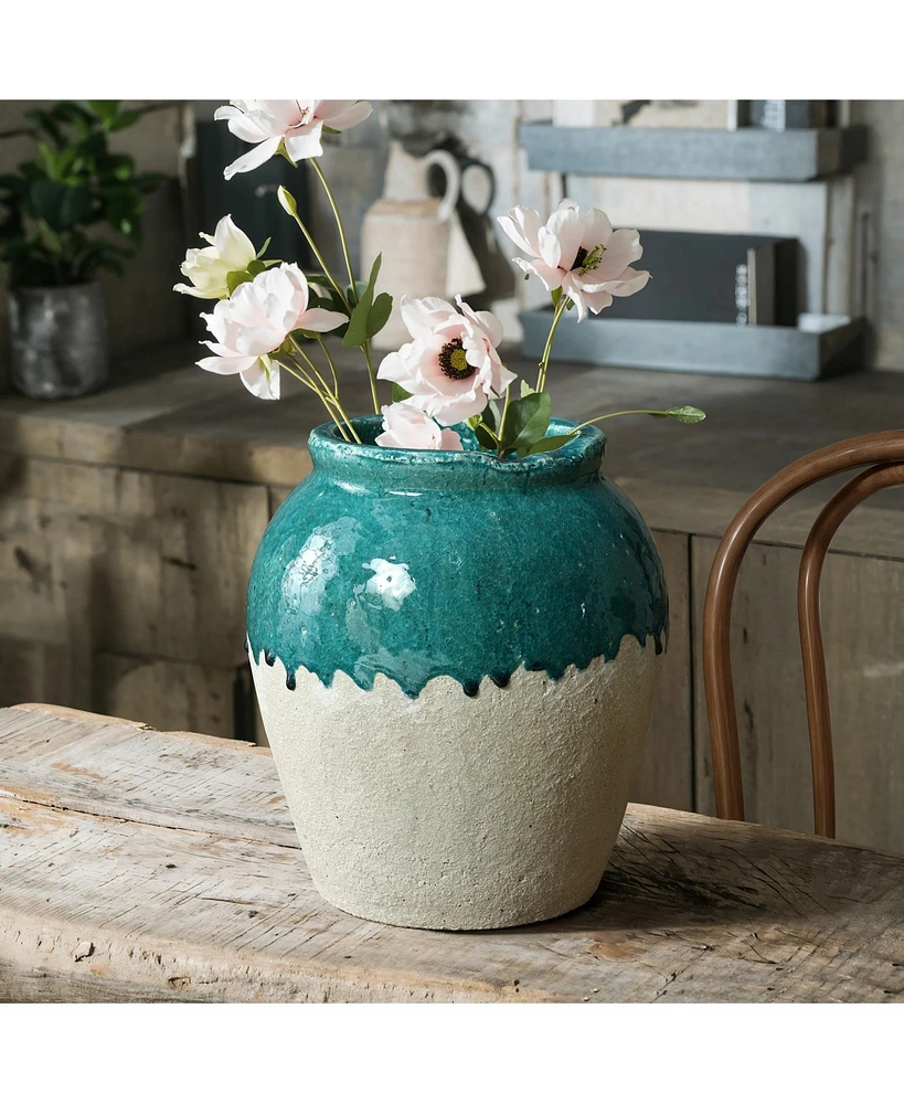 LuxenHome Green and White Stoneware 11.4-Inch Tall Indoor and Outdoor Jar Vase