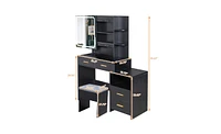 Slickblue Triamine Veneer Dressing Table Set with Mirror Cabinet 4 Drawers, 1 Storage Cabinet, 2 Shelves, and Led Three