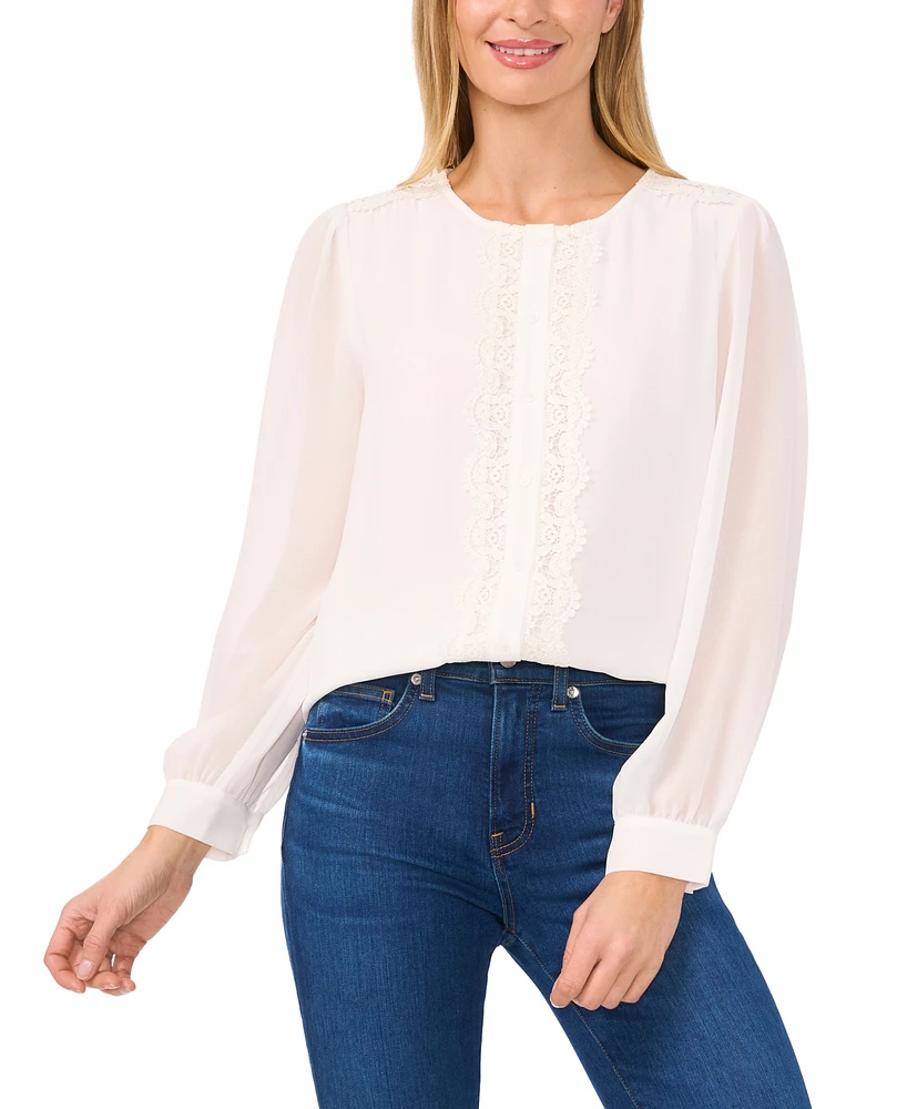 CeCe Women's Lace-Trim Button-Front Long-Sleeve Blouse