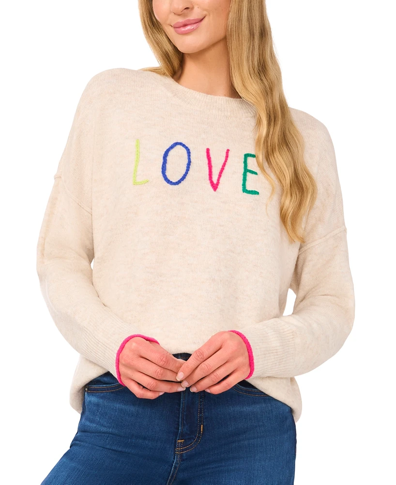 CeCe Women's Love Embroidered Crewneck Sweater