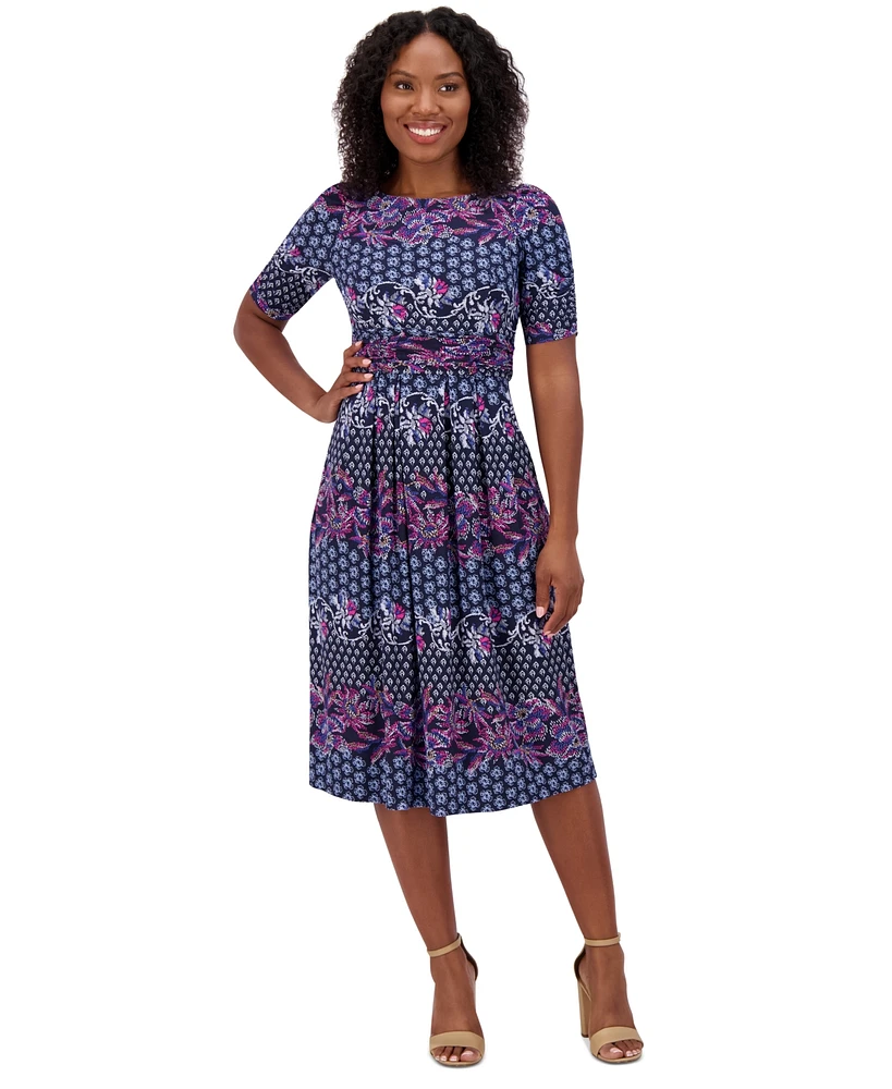 Jessica Howard Women's Printed Ruched-Sleeve Midi Dress