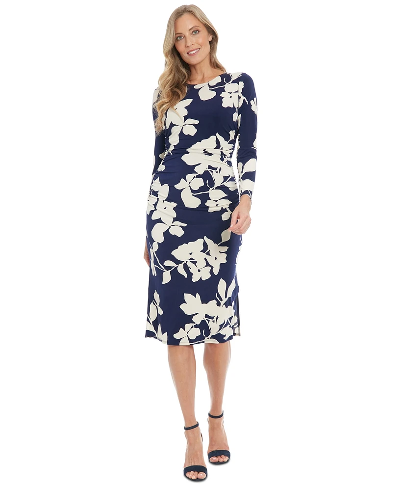 London Times Women's Floral Side-Ruched Long-Sleeve Midi Dress