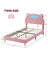 gaomon Twin Bed Frames, Platform Bed Frame with Upholstered and Led Headboard, Twin Bed Frames for Kids, Twin Bed Frame with Wooden Slats Support, Noi