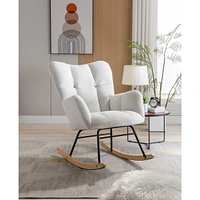 Mid Century Modern Velvet Tufted Upholstered Rocking Chair Padded Seat for Living Room Bedroom, White