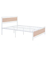 Slickblue Full Size Platform Bed, Metal and Wood Bed Frame with Headboard and Footboard , White