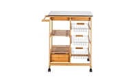 Slickblue Moveable Kitchen Cart with Stainless Steel Table Top, Three Drawers, and Three Baskets in Burlywood for Versatile Storage and Convenience