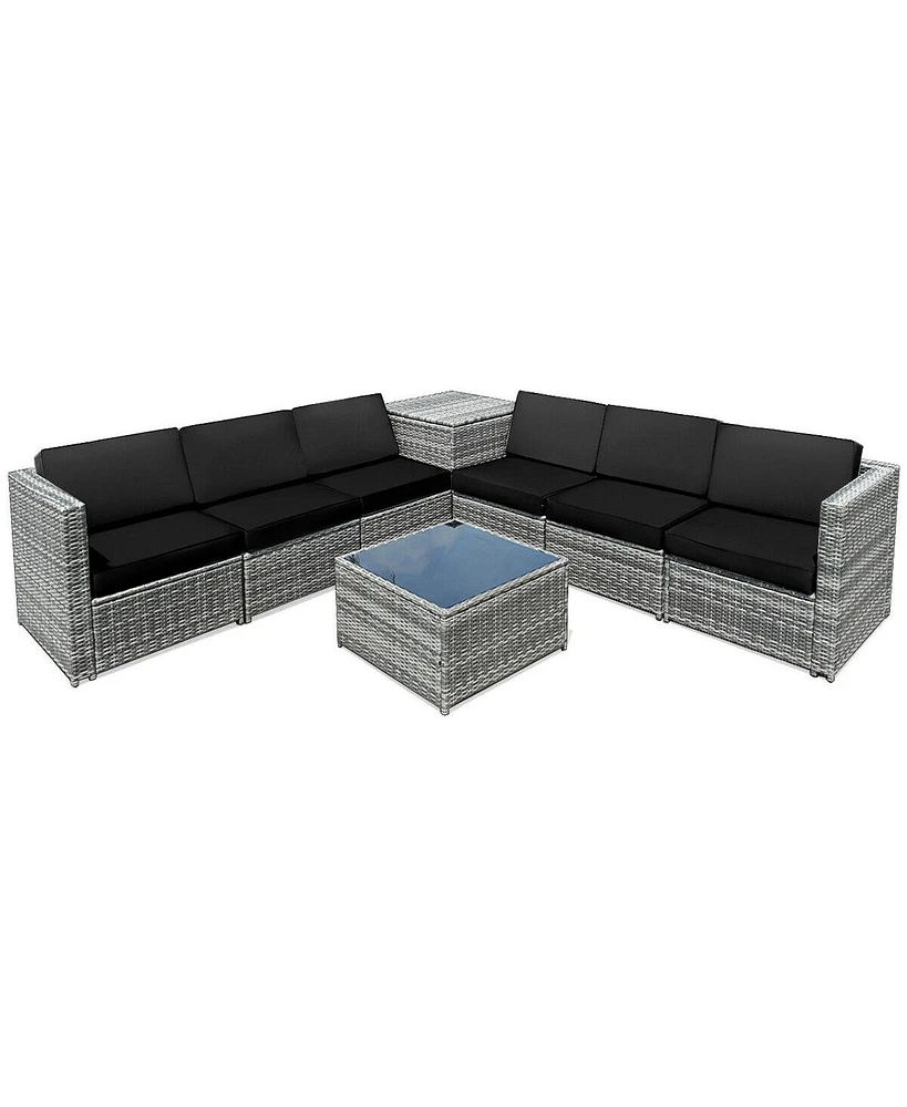 Sugift 8 Piece Wicker Sofa Rattan Dinning Set Patio Furniture with Storage Table-Black