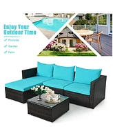 Sugift 5 Pieces Patio Rattan Furniture Set with Coffee Table-Turquoise