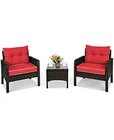 Sugift 3 Pcs Outdoor Patio Rattan Conversation Set with Seat Cushions-Red