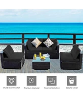 Sugift 5 Pieces Cushioned Patio Rattan Furniture Set with Glass Table-Black