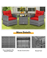 Sugift 3 Pieces Outdoor Wicker Conversation Set with Tempered Glass Tabletop-Red