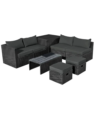 Sugift 8 Pieces Patio Rattan Storage Table Furniture Set-Gray