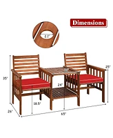 Sugift 3 pcs Outdoor Patio Table Chairs Set Acacia Wood Loveseat-Red