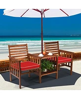 Sugift 3 pcs Outdoor Patio Table Chairs Set Acacia Wood Loveseat-Red