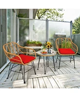 Sugift 3 Pieces Rattan Furniture Set with Cushioned Chair Table-Red