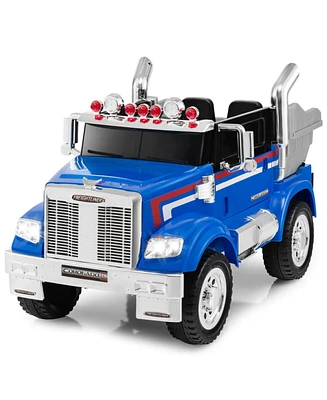 Sugift 12V Licensed Freightliner Kids Ride On Truck Car with Dump Box and Lights -Blue