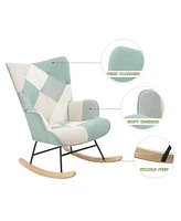 Rocking Chair with ottoman, Mid Century Fabric Rocker Chair with Wood Legs and Patchwork Linen for Livingroom Bedroom