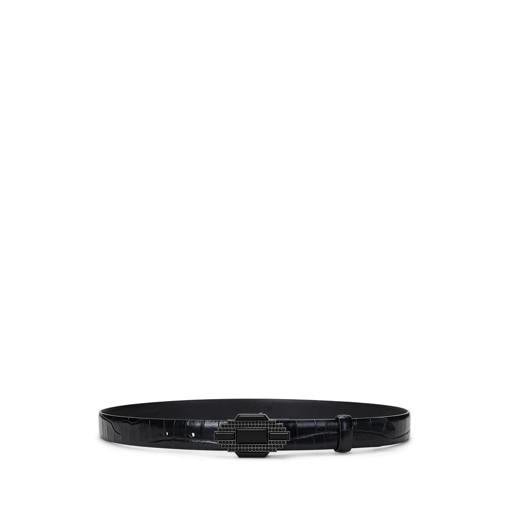 Lauren Ralph Women's Embellished-Buckle Croc-Embossed Belt
