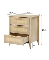 gaomon Nightstand, Rattan End Table, Nightstands with 3 Natural Rattan Drawers, Strong Support Wooden Structure, Side Table